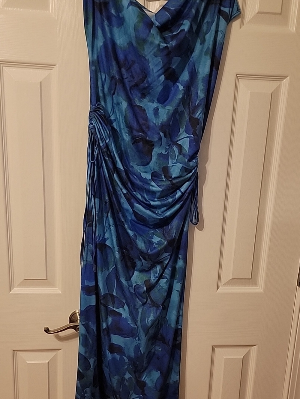 Blue Abstract Print Draped Maxi Dress